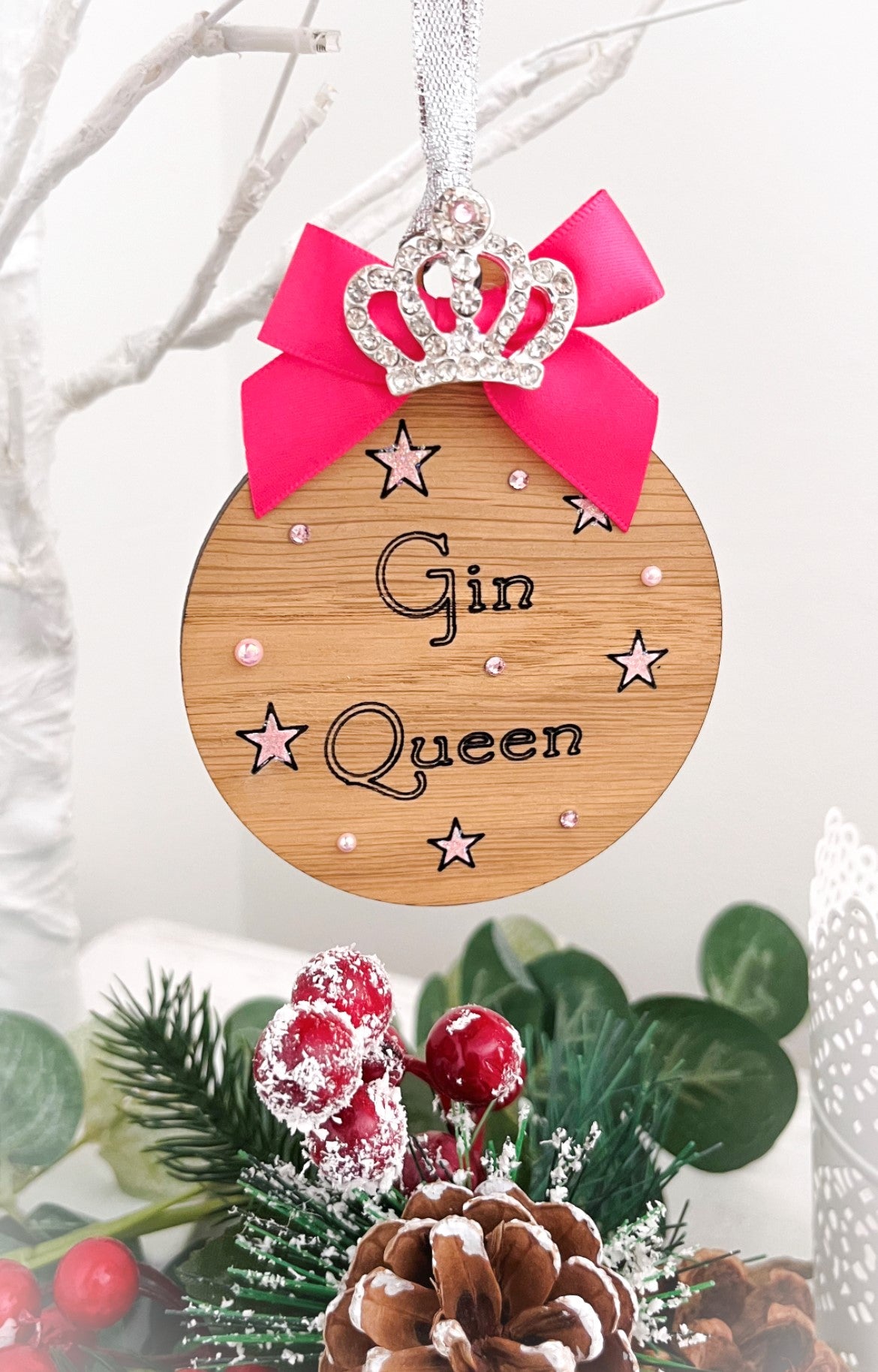 Gin Queen Bauble Decoration, Wooden Hanging Decoration 6 - Sweet Pea Wooden Creations