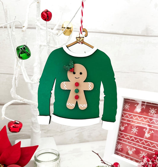 Gingerbread Christmas Jumper Hanging Tree Decoration - Sweet Pea Wooden Creations