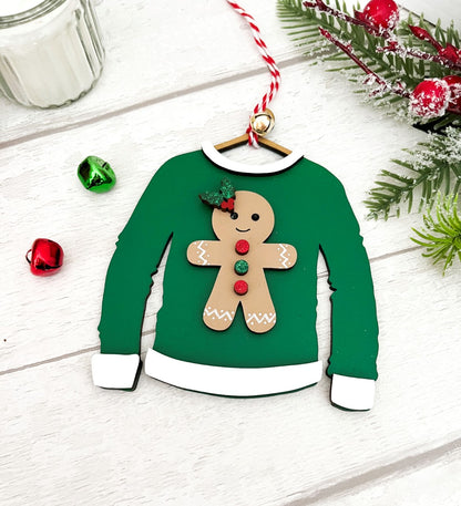 Gingerbread Christmas Jumper Hanging Tree Decoration 2 - Sweet Pea Wooden Creations