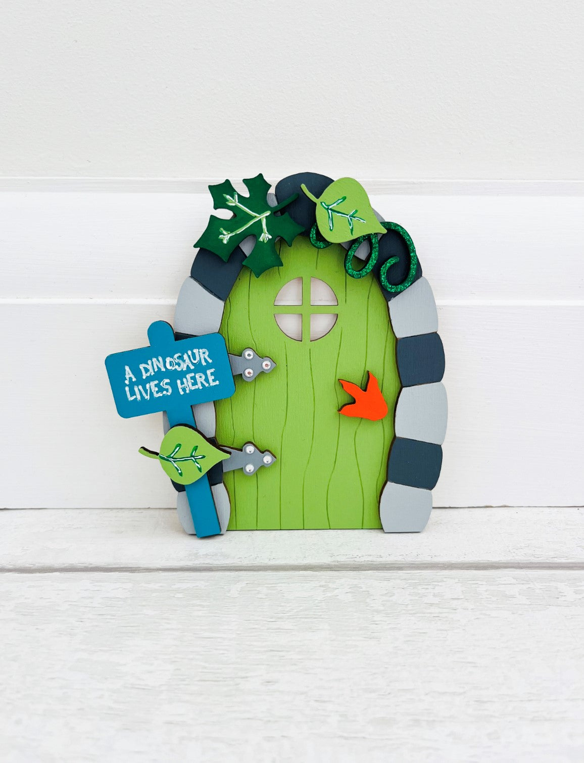 Green Dinosaur Fairy Door Wall Art Decoration - Sweet Pea Wooden Creations