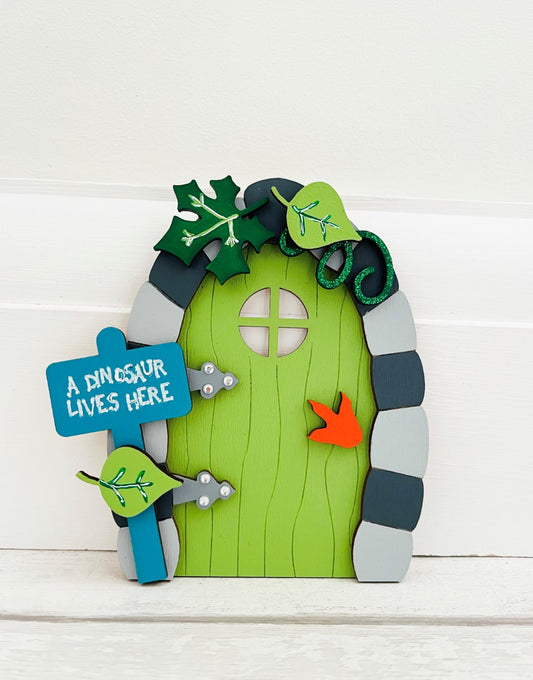 Green Dinosaur Fairy Door Wall Art Decoration 1 - Sweet Pea Wooden Creations