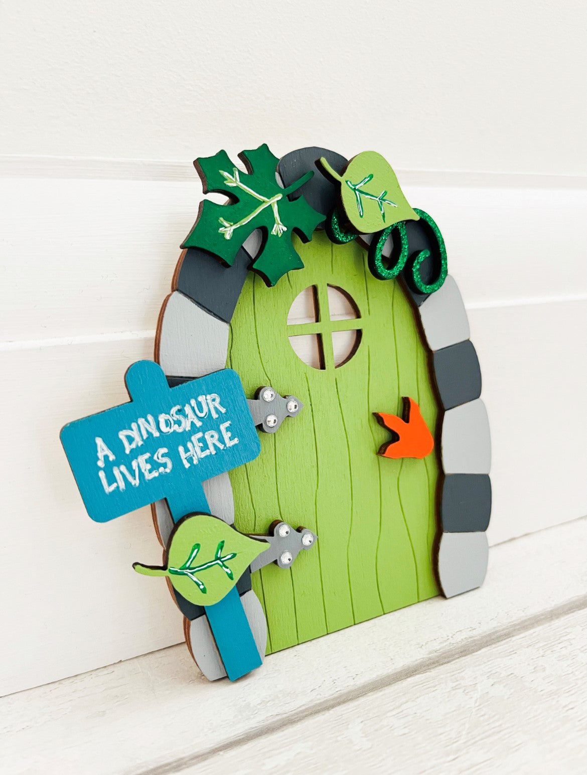 Green Dinosaur Fairy Door Wall Art Decoration 2 - Sweet Pea Wooden Creations