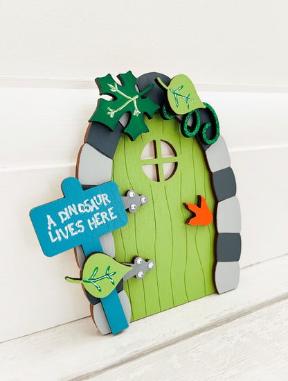 Green Dinosaur Fairy Door Wall Art Decoration 2 - Sweet Pea Wooden Creations