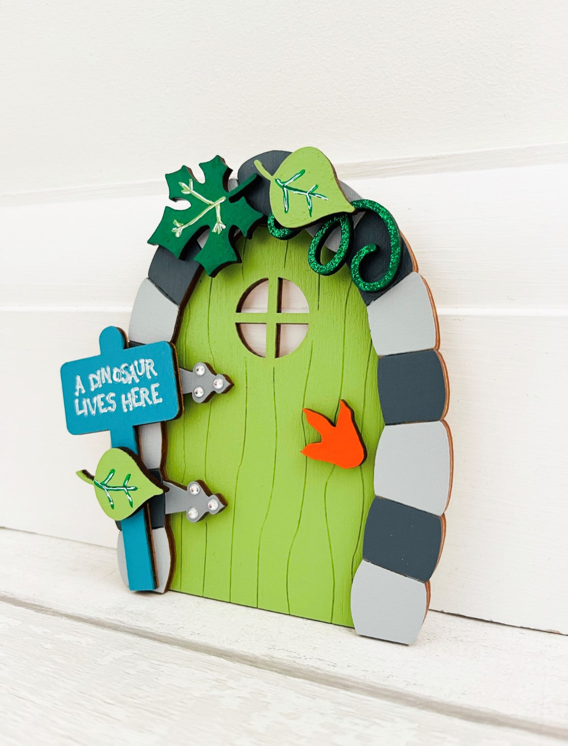 Green Dinosaur Fairy Door Wall Art Decoration 3 - Sweet Pea Wooden Creations