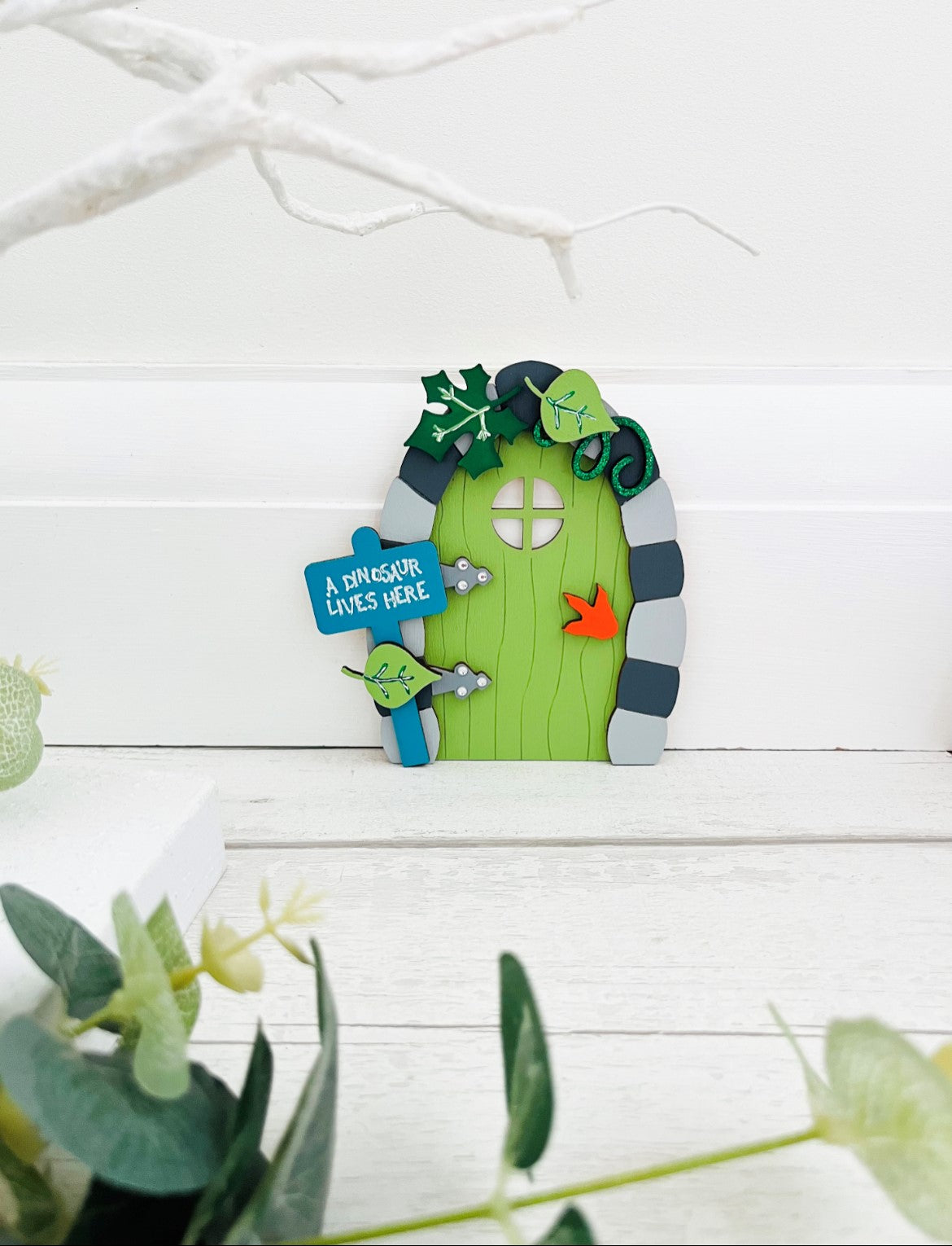Green Dinosaur Fairy Door Wall Art Decoration 5 - Sweet Pea Wooden Creations