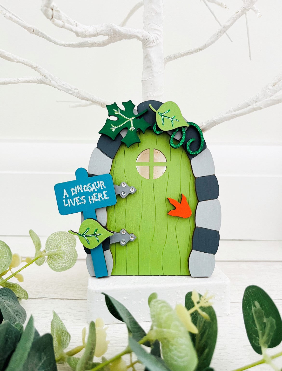 Green Dinosaur Fairy Door Wall Art Decoration 6 - Sweet Pea Wooden Creations