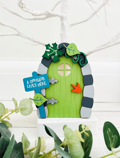 Green Dinosaur Fairy Door Wall Art Decoration 6 - Sweet Pea Wooden Creations