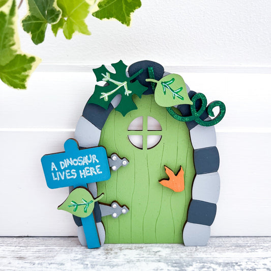 Green Dinosaur Lives Here Fairy Door - Sweet Pea Wooden Creations