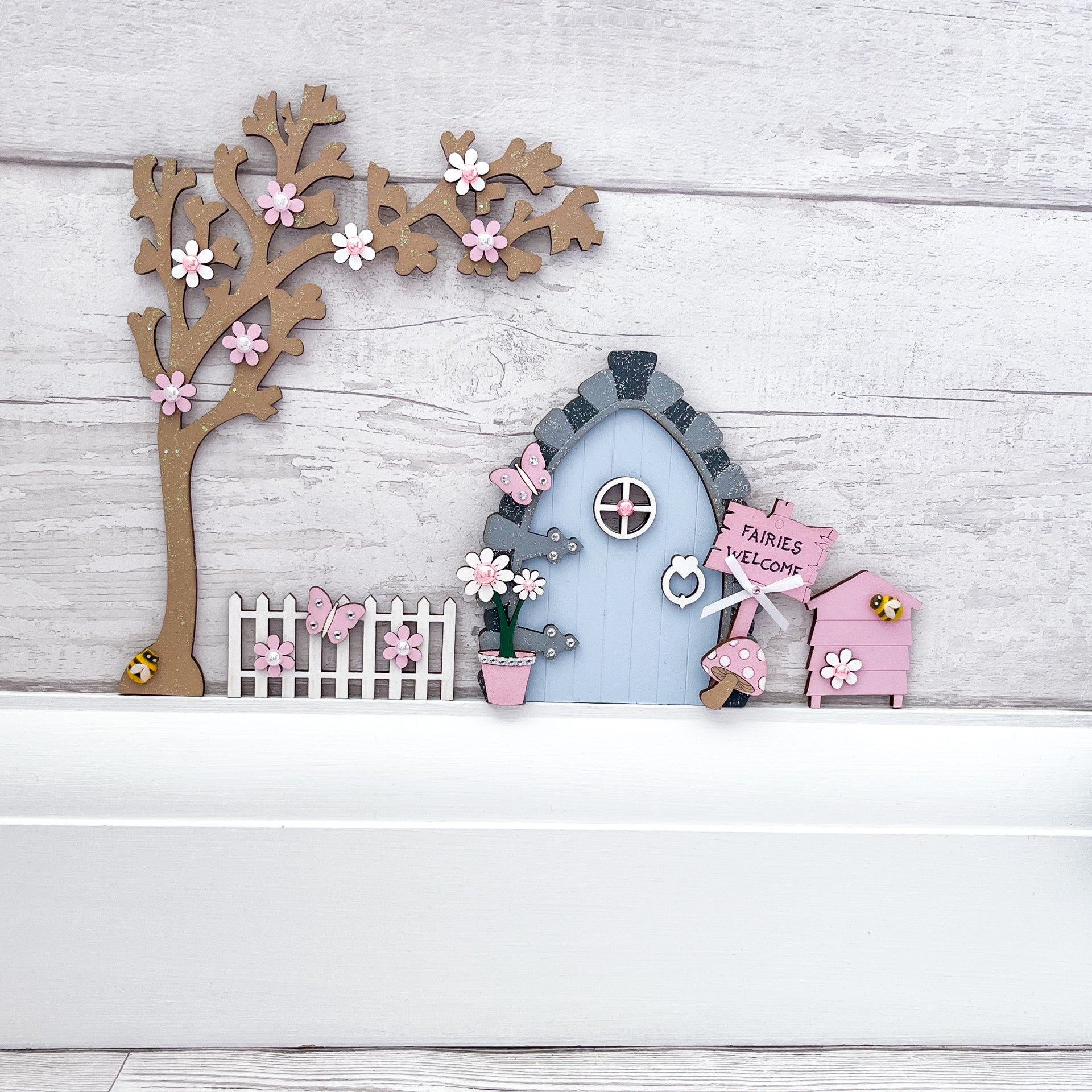 Handcrafted Blue and Pink Wooden Fairy Door Set - Sweet Pea Wooden Creations