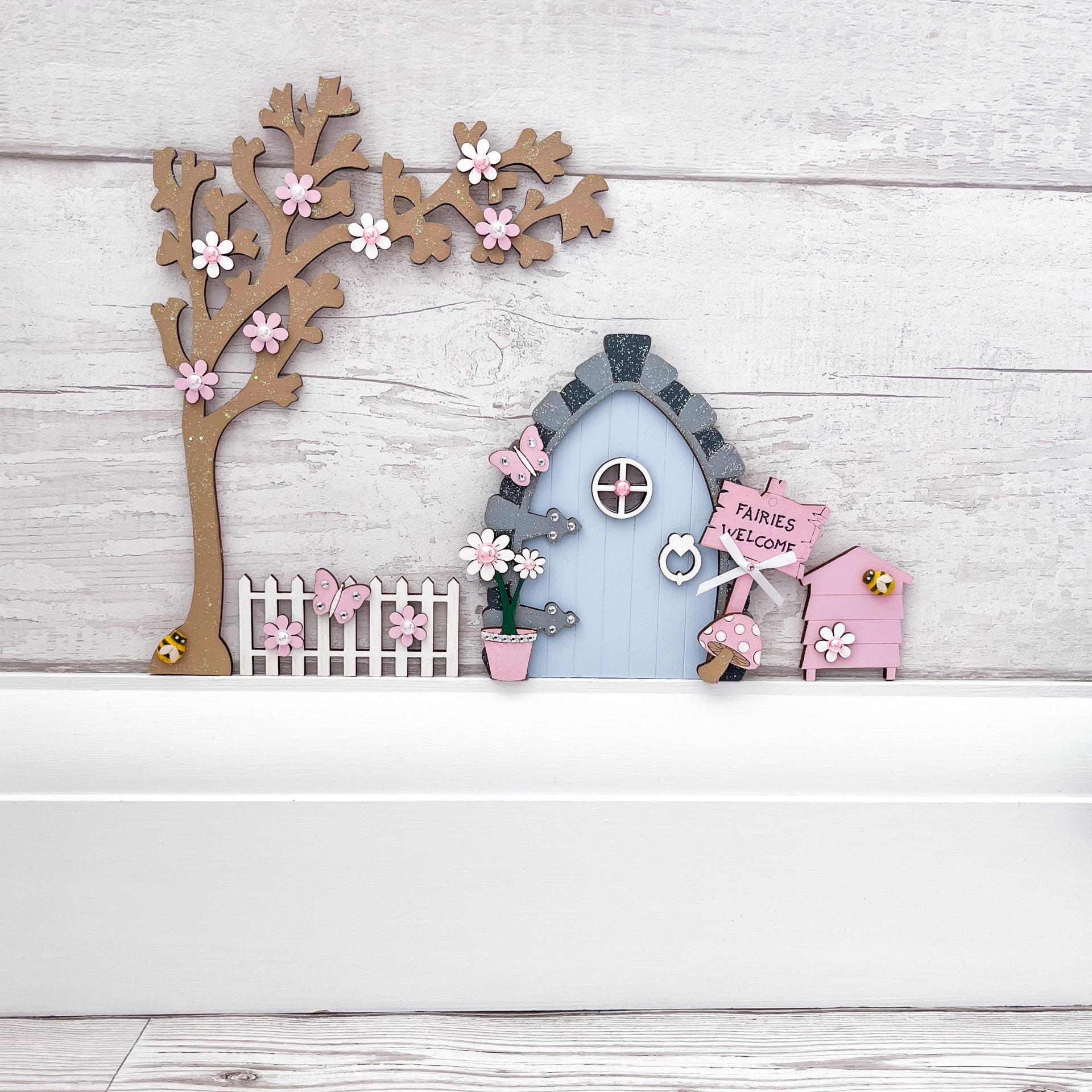 Handcrafted Blue And Pink Wooden Fairy Door Set - Sweet Pea Wooden Creations