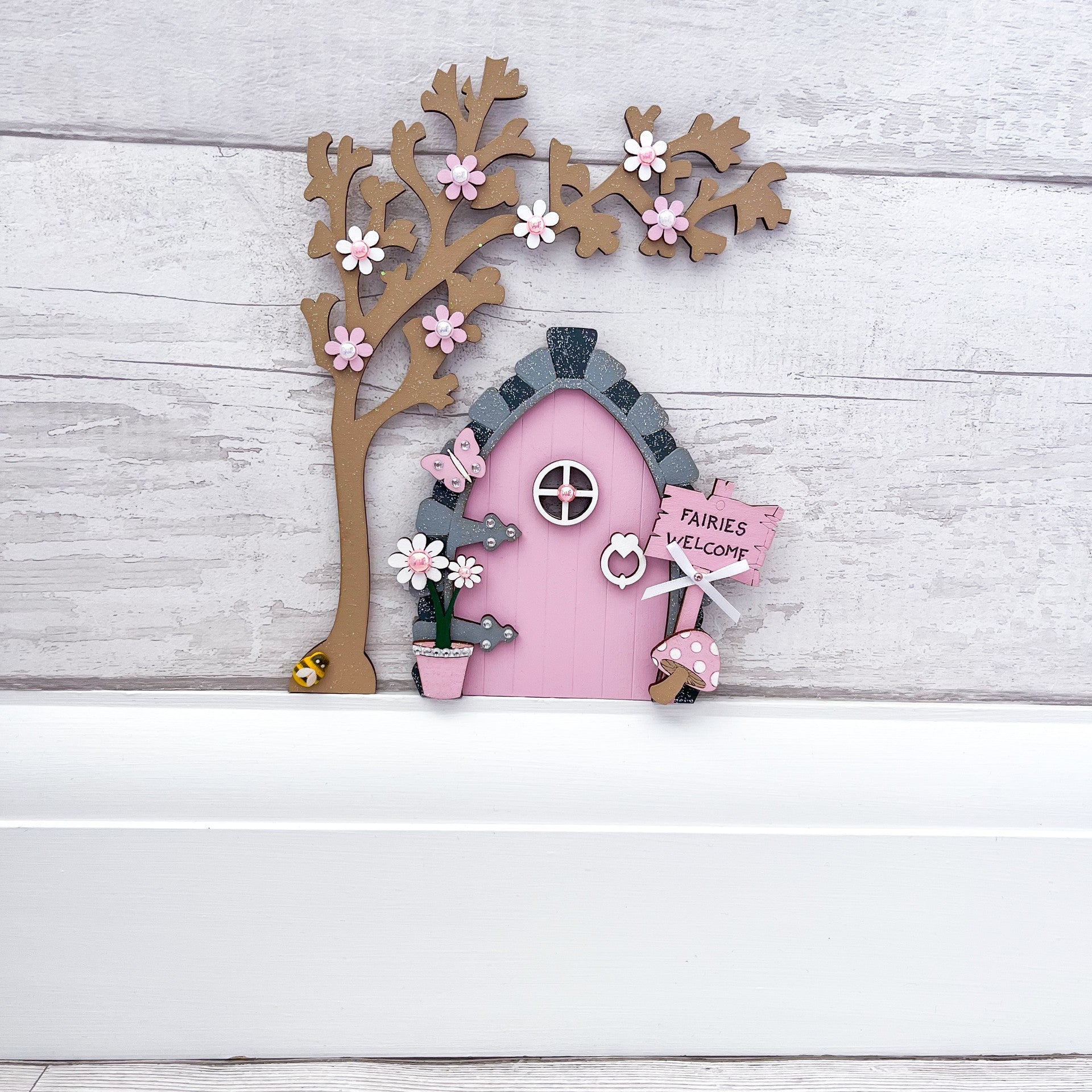 Handcrafted Candy Pink Fairy Door With Tree - Sweet Pea Wooden Creations