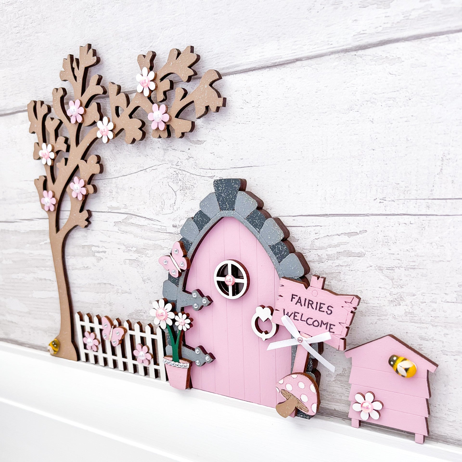 Handcrafted Candy Pink Wooden Fairy Door Set - Sweet Pea Wooden Creations