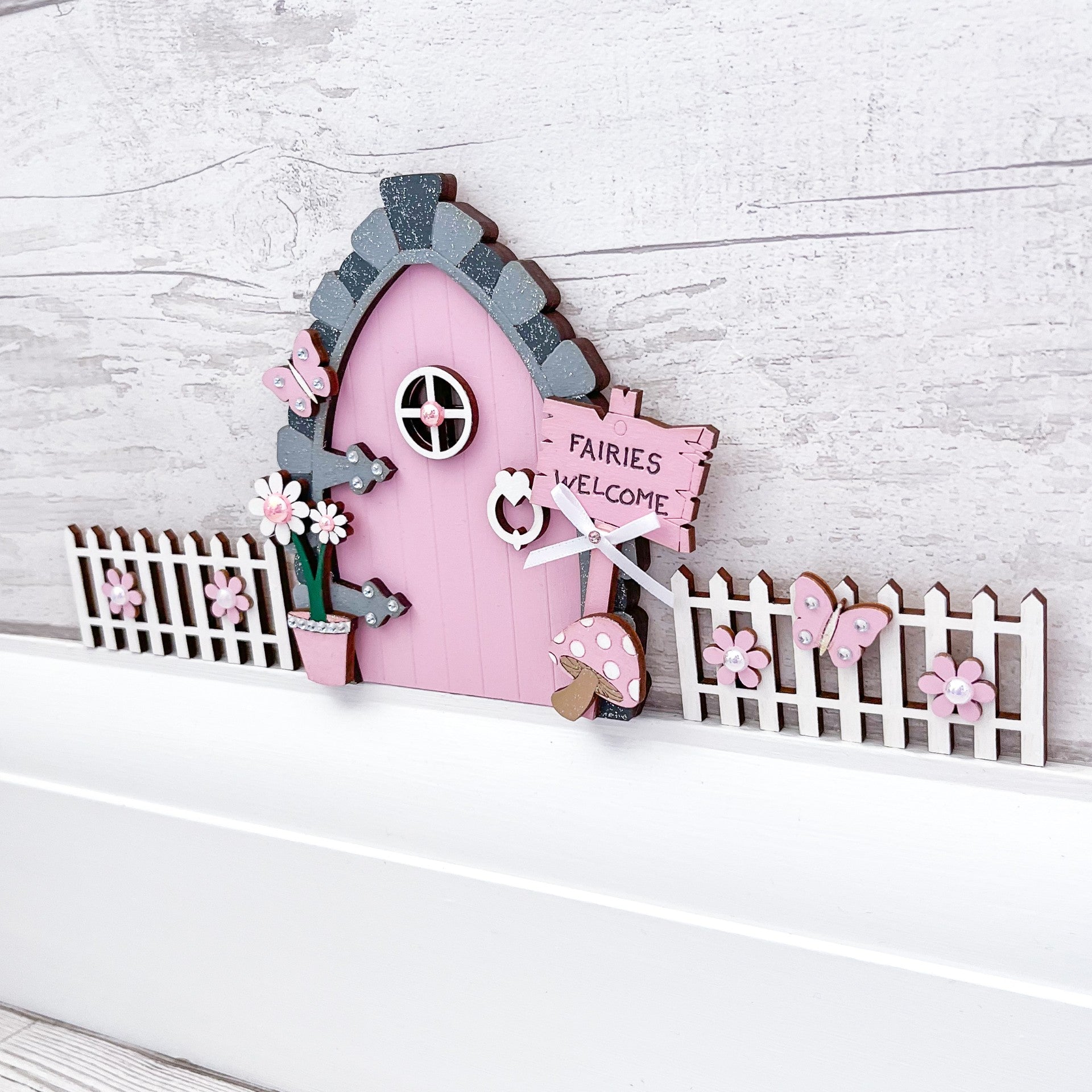 Hnadcrafted Candy Pink Wooden Fairy Door With Fencing - Sweet Pea Wooden Creations