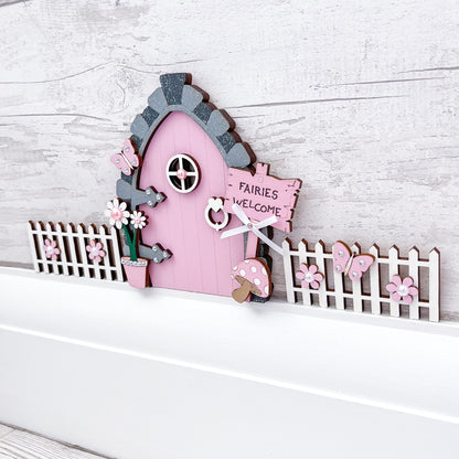 Hnadcrafted Candy Pink Wooden Fairy Door With Fencing - Sweet Pea Wooden Creations
