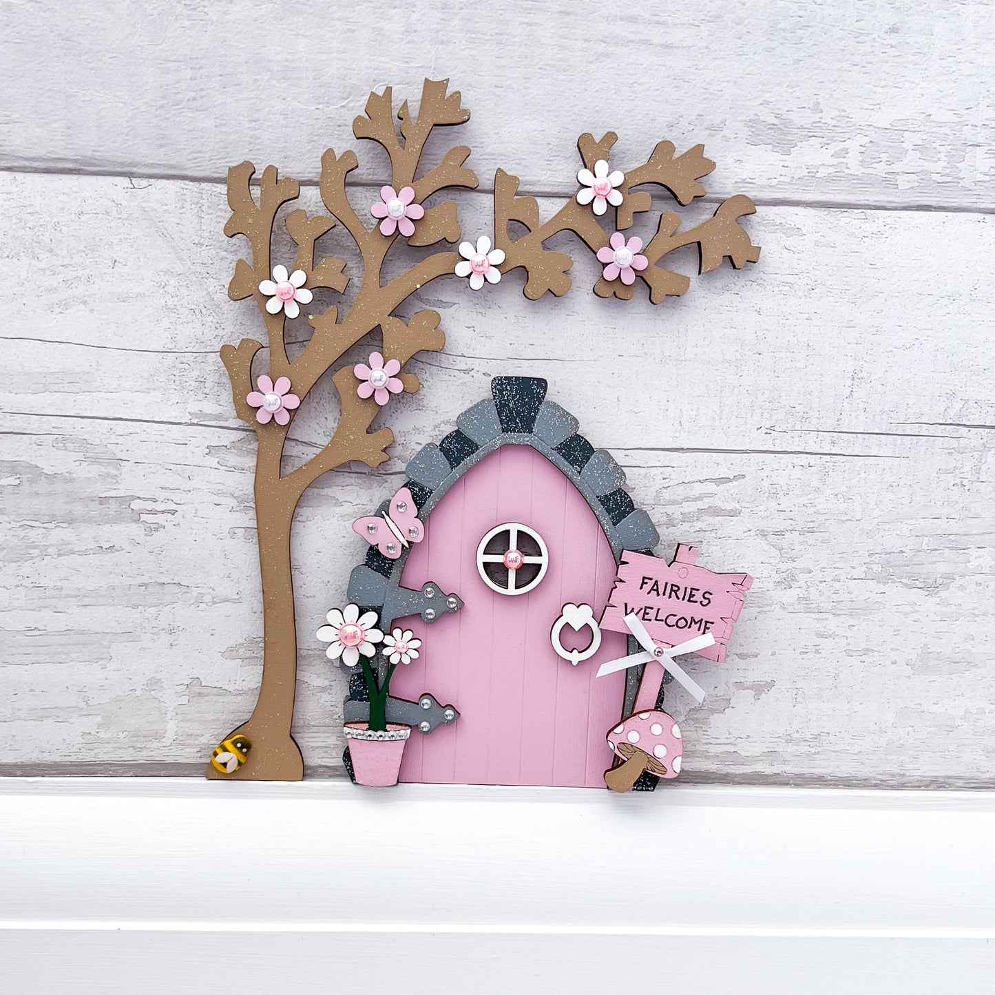 Handcrafted Candy Pink Wooden Fairy Door With Tree - Sweet Pea Wooden Creations