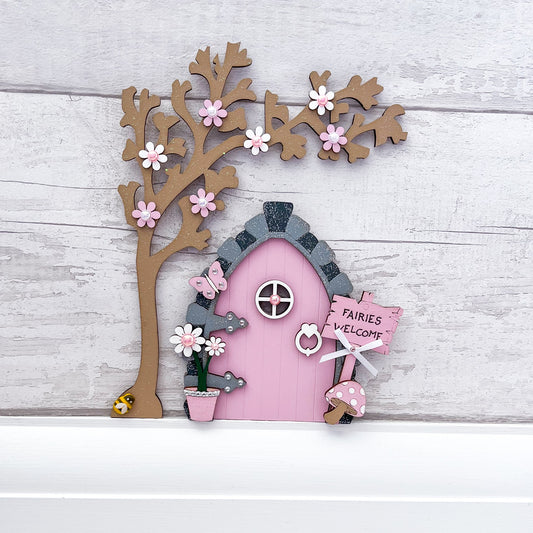 Handcrafted Candy Pink Wooden Fairy Door With Tree - Sweet Pea Wooden Creations