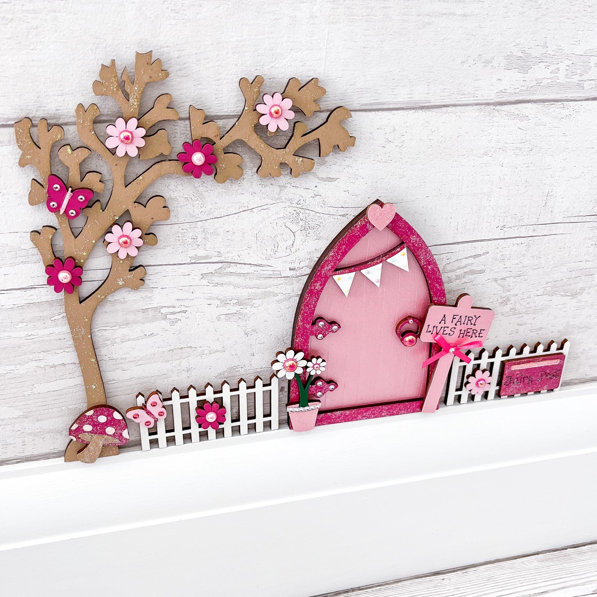Handcrafted Magical Pink Bunting Fairy Door Set With Tree and Fencing - Sweet Pea Wooden Creations