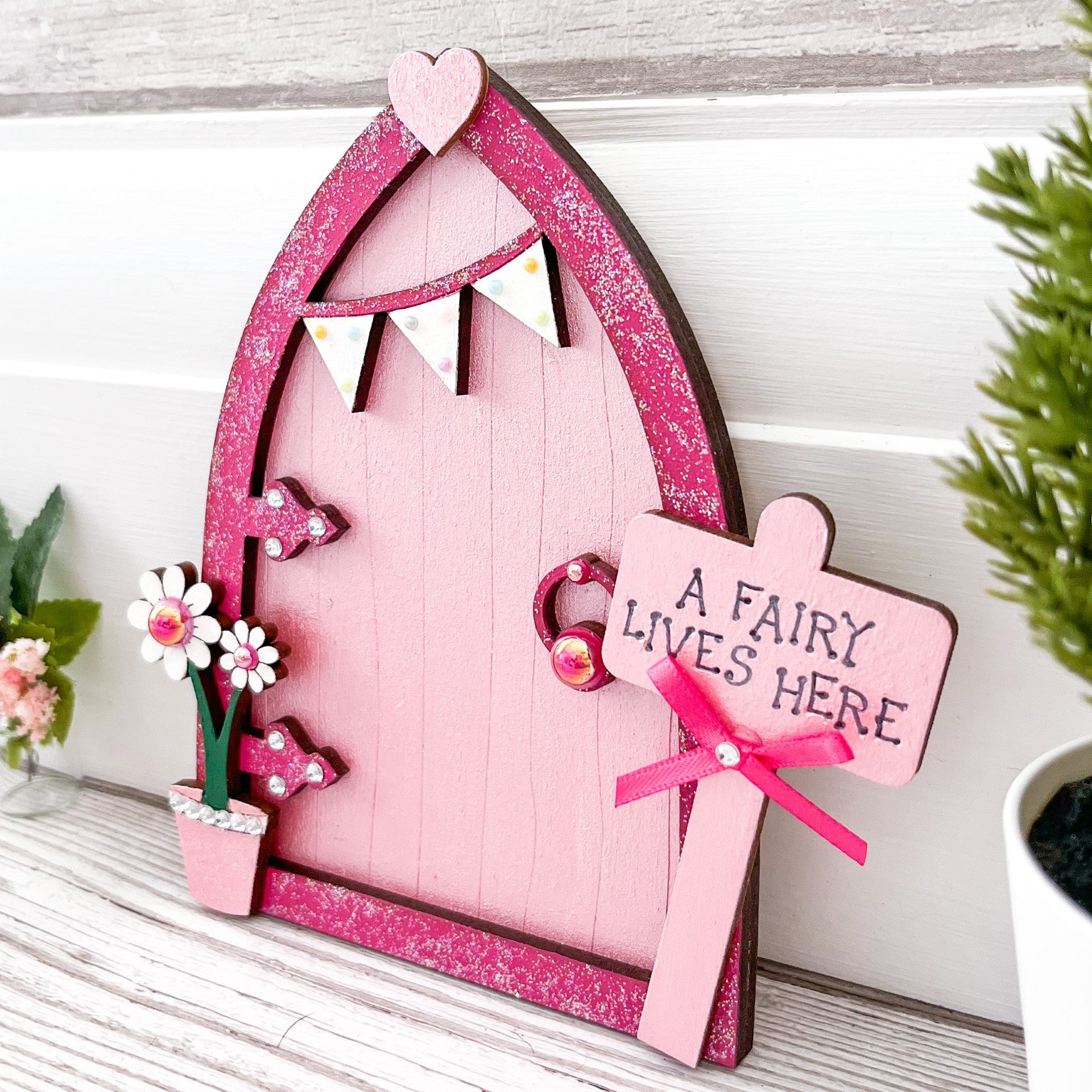 Handcrafted Pink Bunting Fairy Door - Sweet Pea Wooden Creations