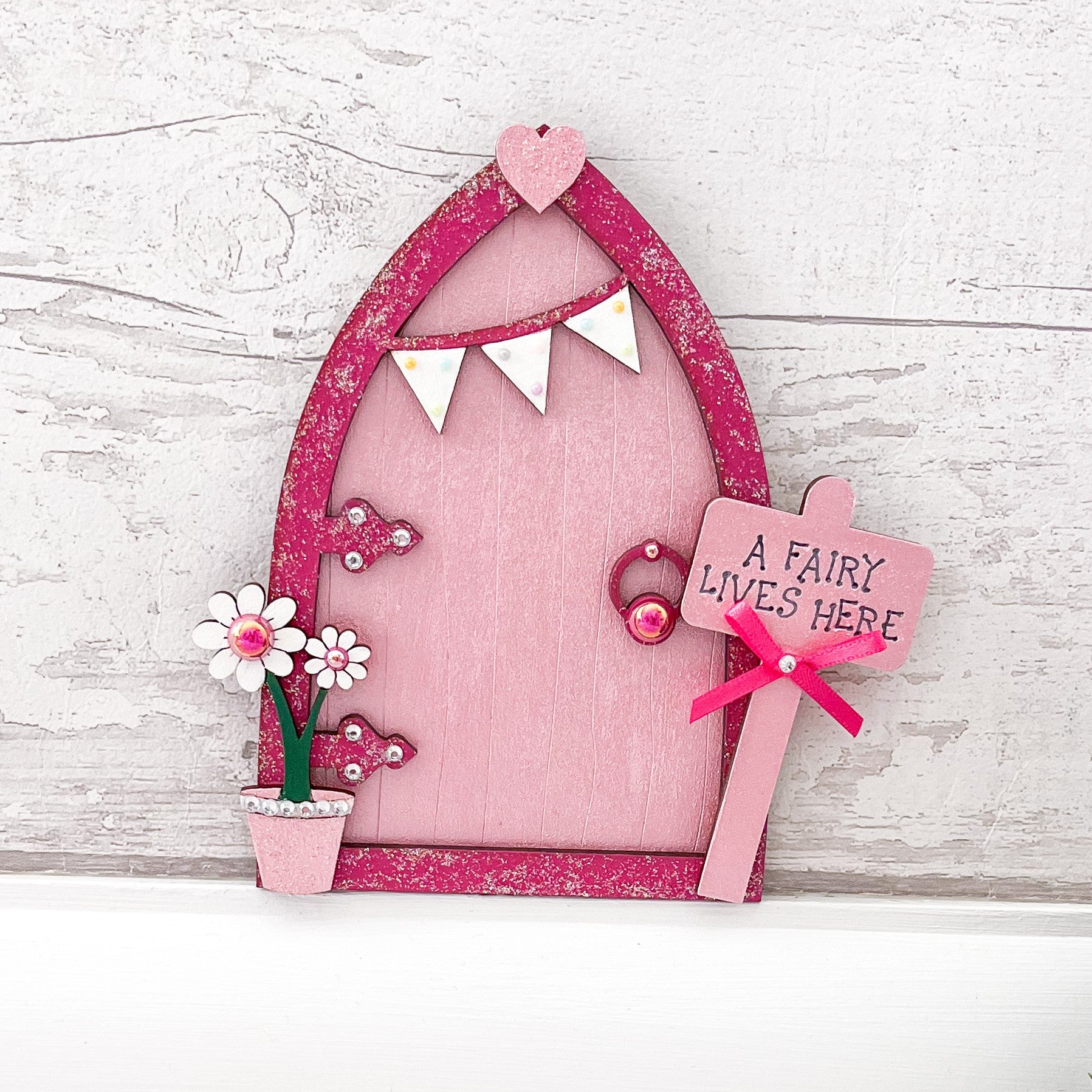 Handcrafted Pink Bunting Wooden Fairy Door Wall Decoration - Sweet Pea Wooden Creations