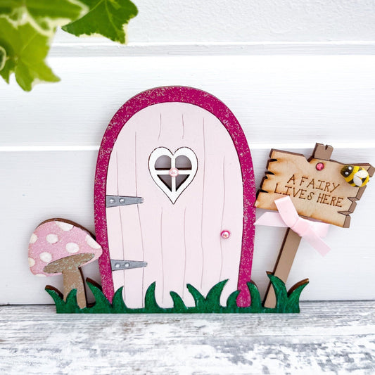 Handcrafted Pink Mini Fairy Door With Toadstool, Bumblebee and Signpost - Sweet Pea Wooden Creations
