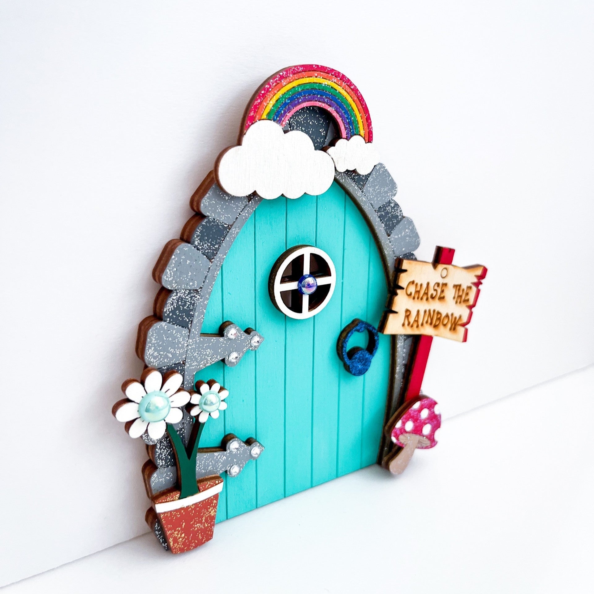 Handcrafted Rainbow Wooden Fairy Door Decoration - Sweet Pea Wooden Creations