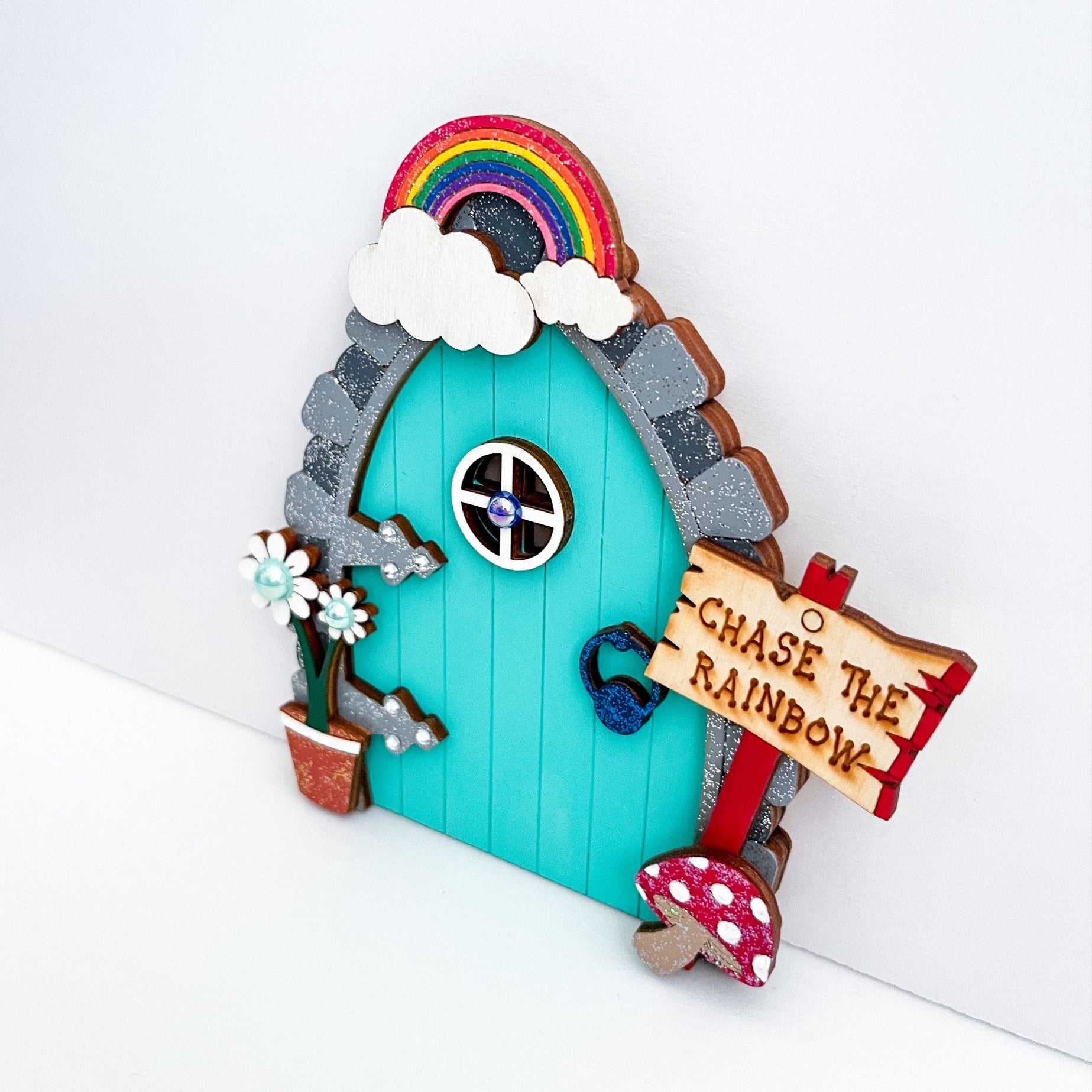Handcrafted Rainbow Wooden Fairy Door Decoration With Signpost, Chase The Rainbow - Sweet Pea Wooden Creations
