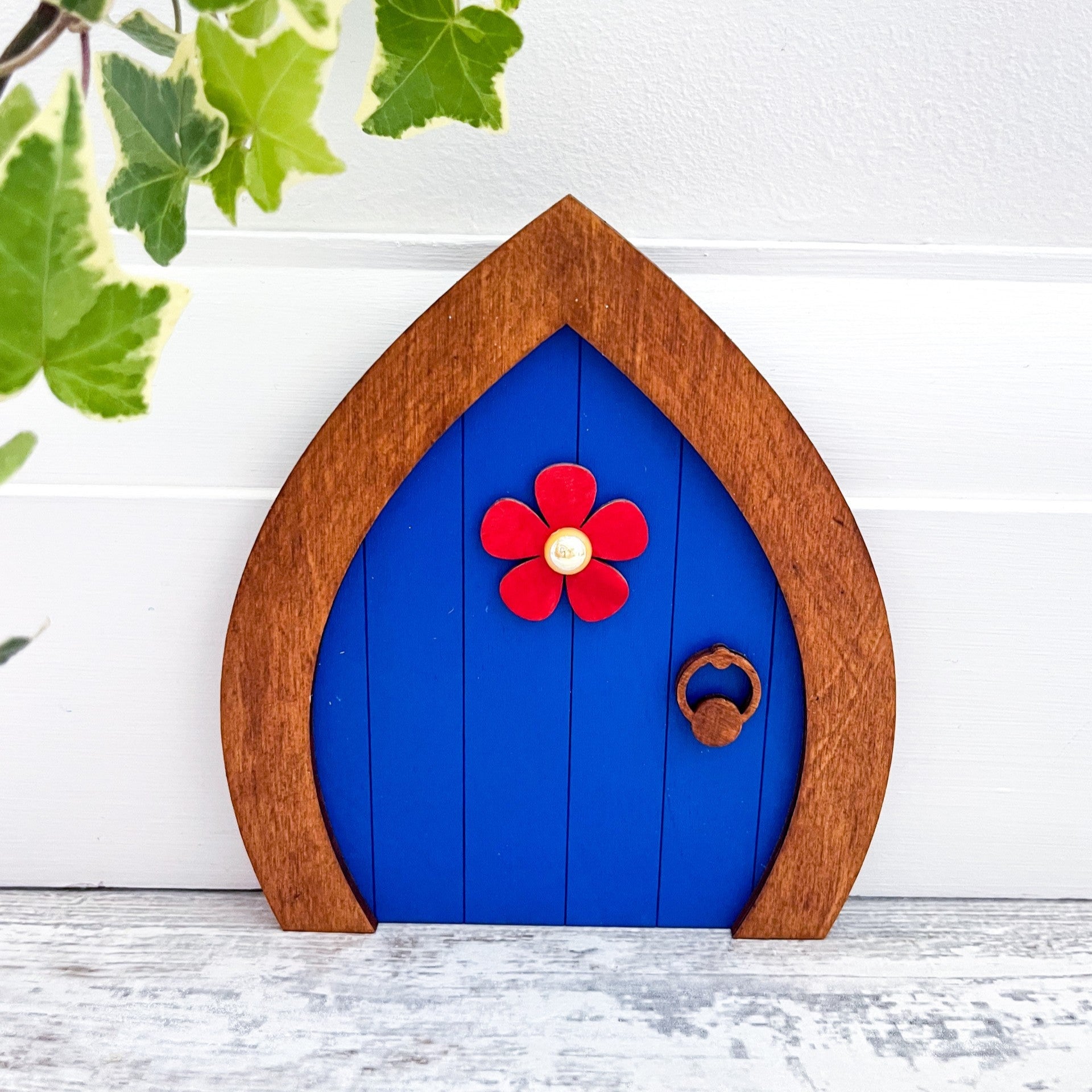 Handcrafted Blue Garden Fairy Door With Red Flower - Sweet Pea Wooden Creations
