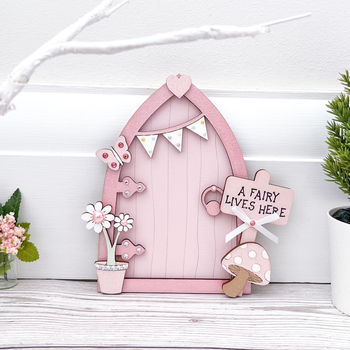 Handcrafted Light Pink Bunting Fairy Door With Toadstool & Butterfly - Sweet Pea Wooden Creations