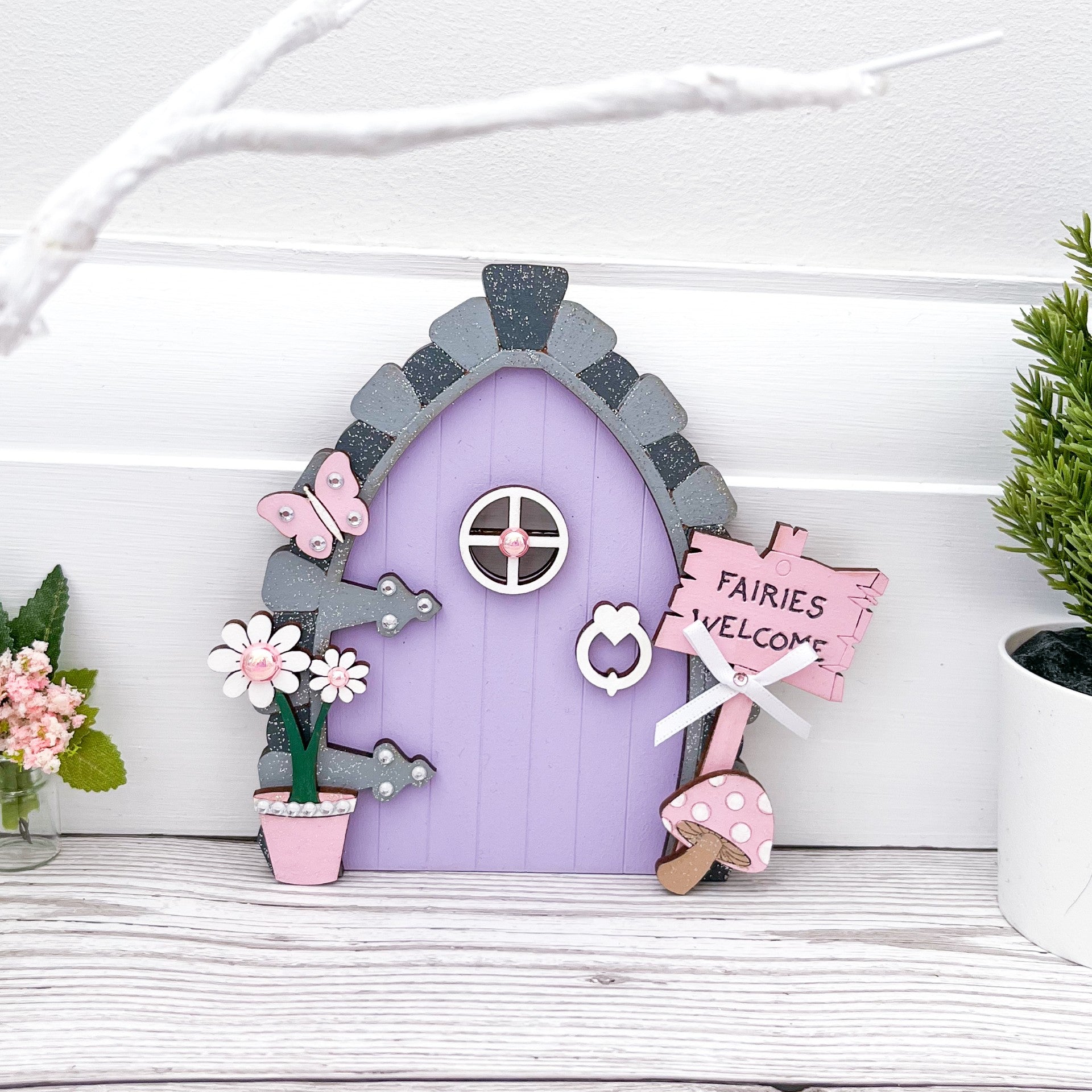 Handcrafted Lilac and Pink Fairy Door - Sweet Pea Wooden Creations