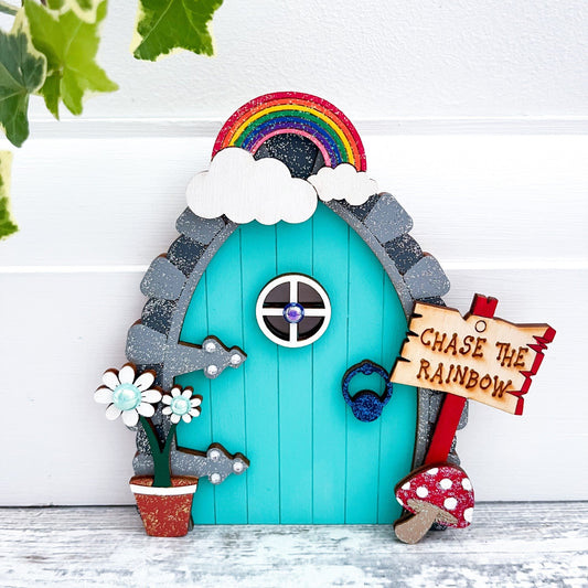 Handcrafted Magical Turquoise Rainbow Fairy Door Decoration - Sweet Pea Wooden Creations