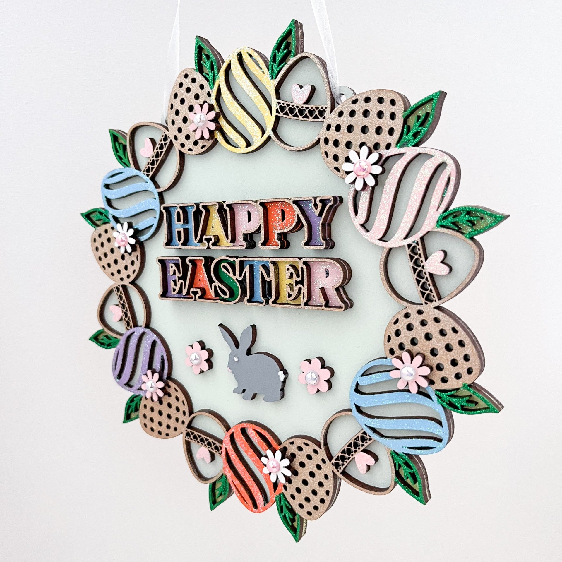 Happy Easter Round Eggs Hanging Plaque - Sweet Pea Wooden Creations