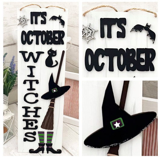 It's October Witches Halloween Sign Decoration - Sweet Pea Wooden Creations
