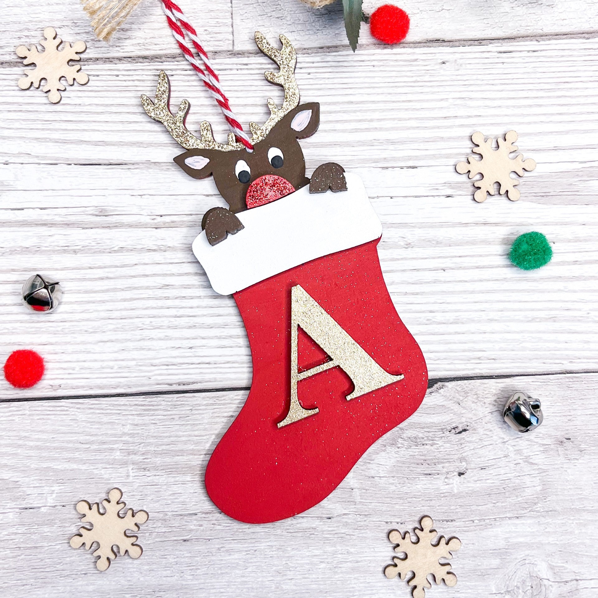 Kids Personalised Reindeer Stocking Decoration - Sweet Pea Wooden Creations