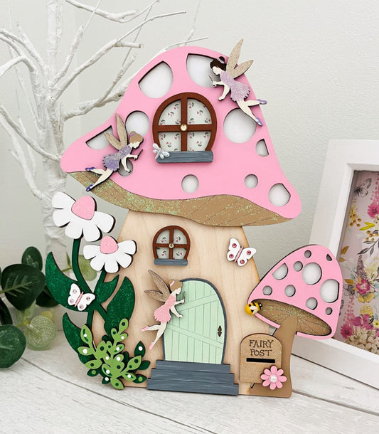 Light Pink Toadstool Large Wooden Fairy Door With Fairies - Sweet Pea Wooden Creations
