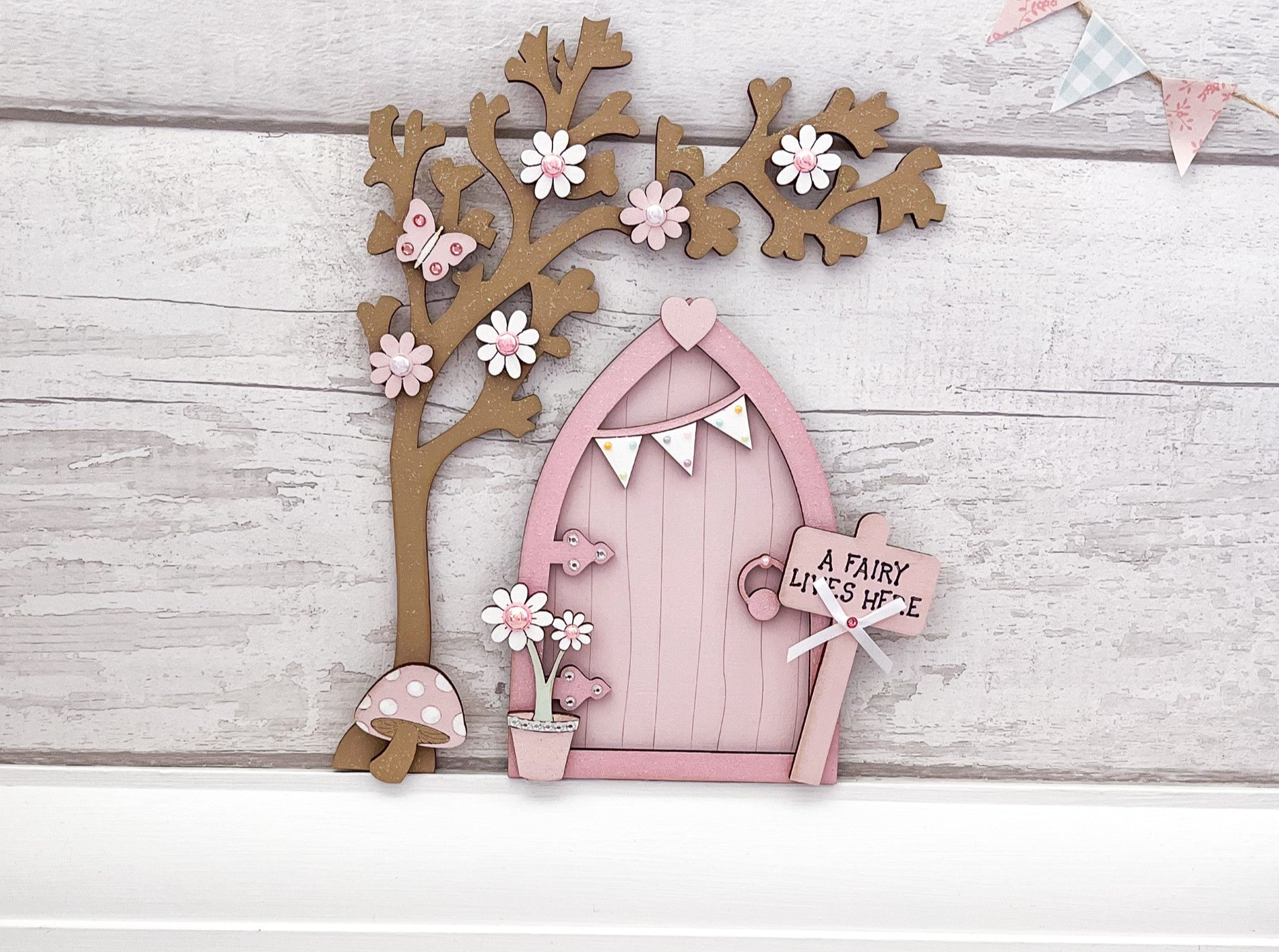 Light Pink Bunting Fairy Door With Blossom Tree Set - Sweet Pea Wooden Creations