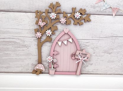 Light Pink Bunting Fairy Door With Blossom Tree Set - Sweet Pea Wooden Creations