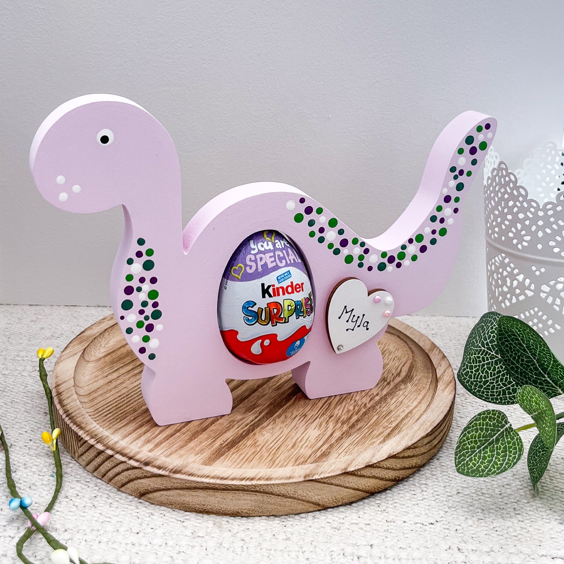 Lilac Dinosaur Decoration Easter Egg Holder, Personalised - Sweet Pea Wooden Creations