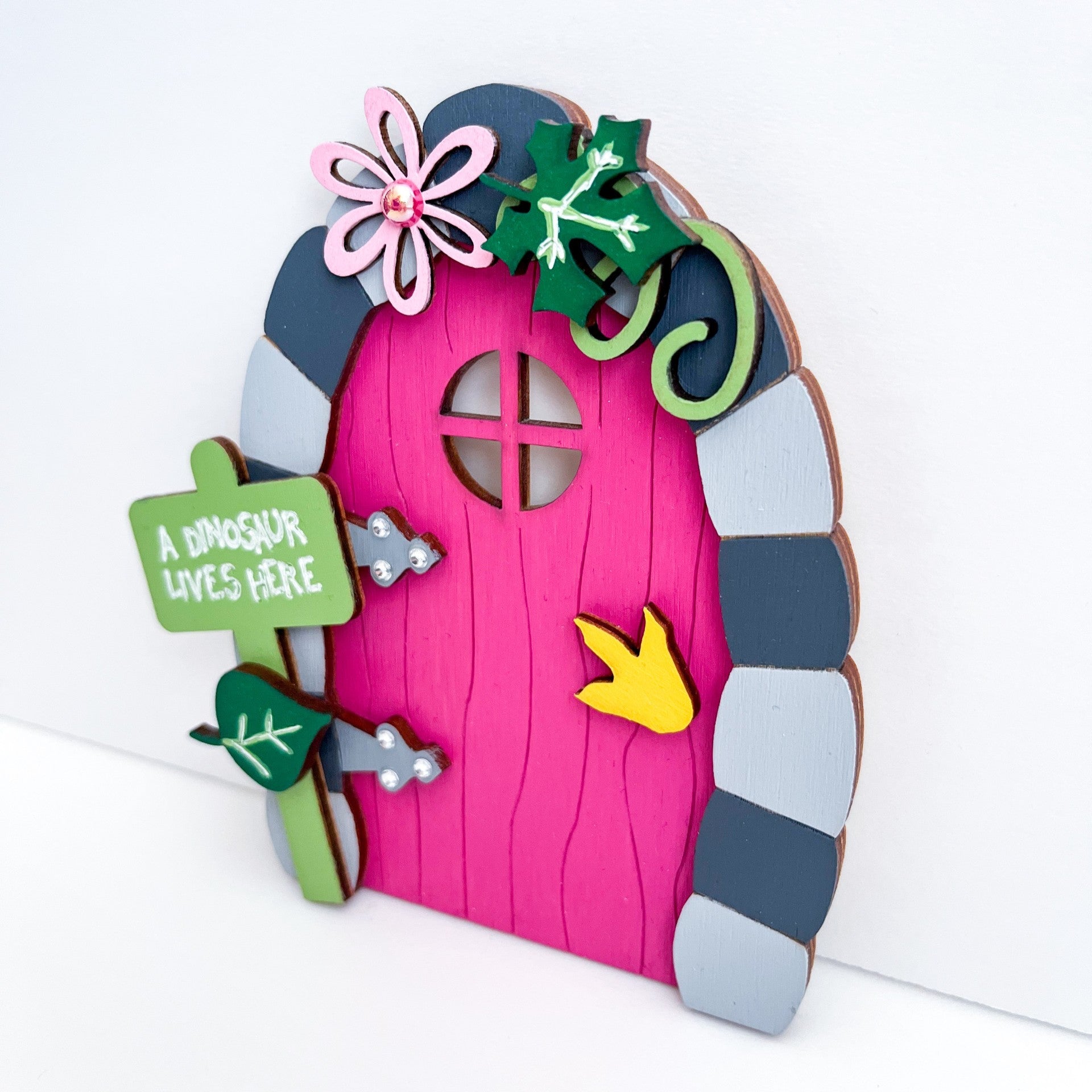 Magic Pink Dinosaur Door - A Dinosaur Lives Here, Fairy Door - Sweet Pea Wooden Creations