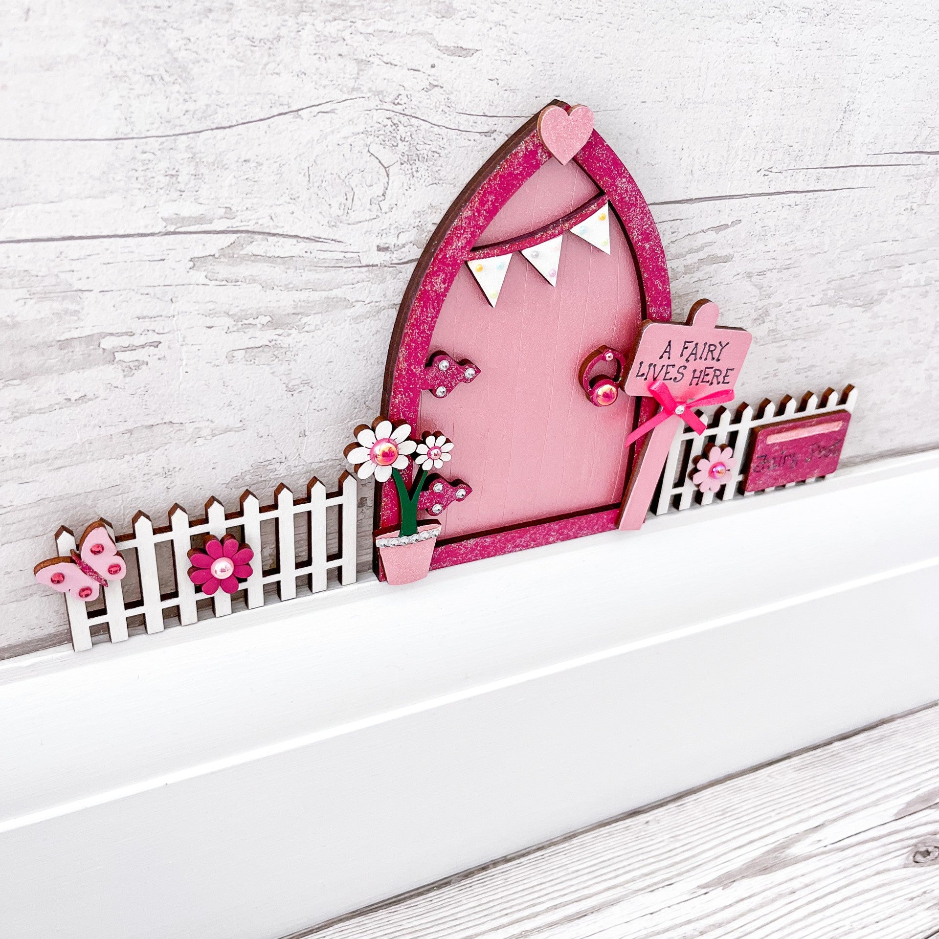 Magical Handcrafted Pink Bunting Fairy Door With Fencing Set - Sweet Pea Wooden Creations