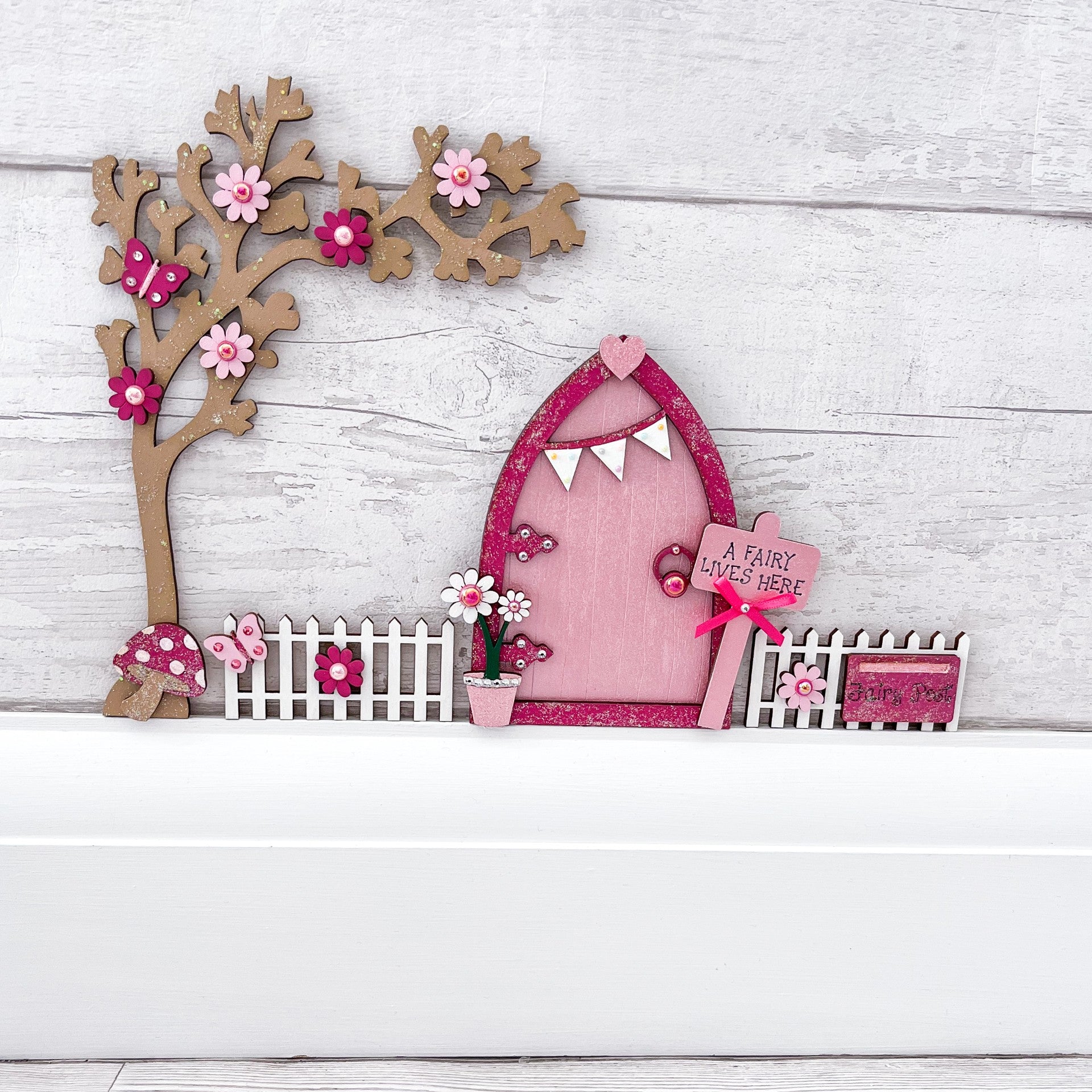 Magical Pink Bunting Fairy Door Set, Wall Art Decoration - Sweet Pea Wooden Creations