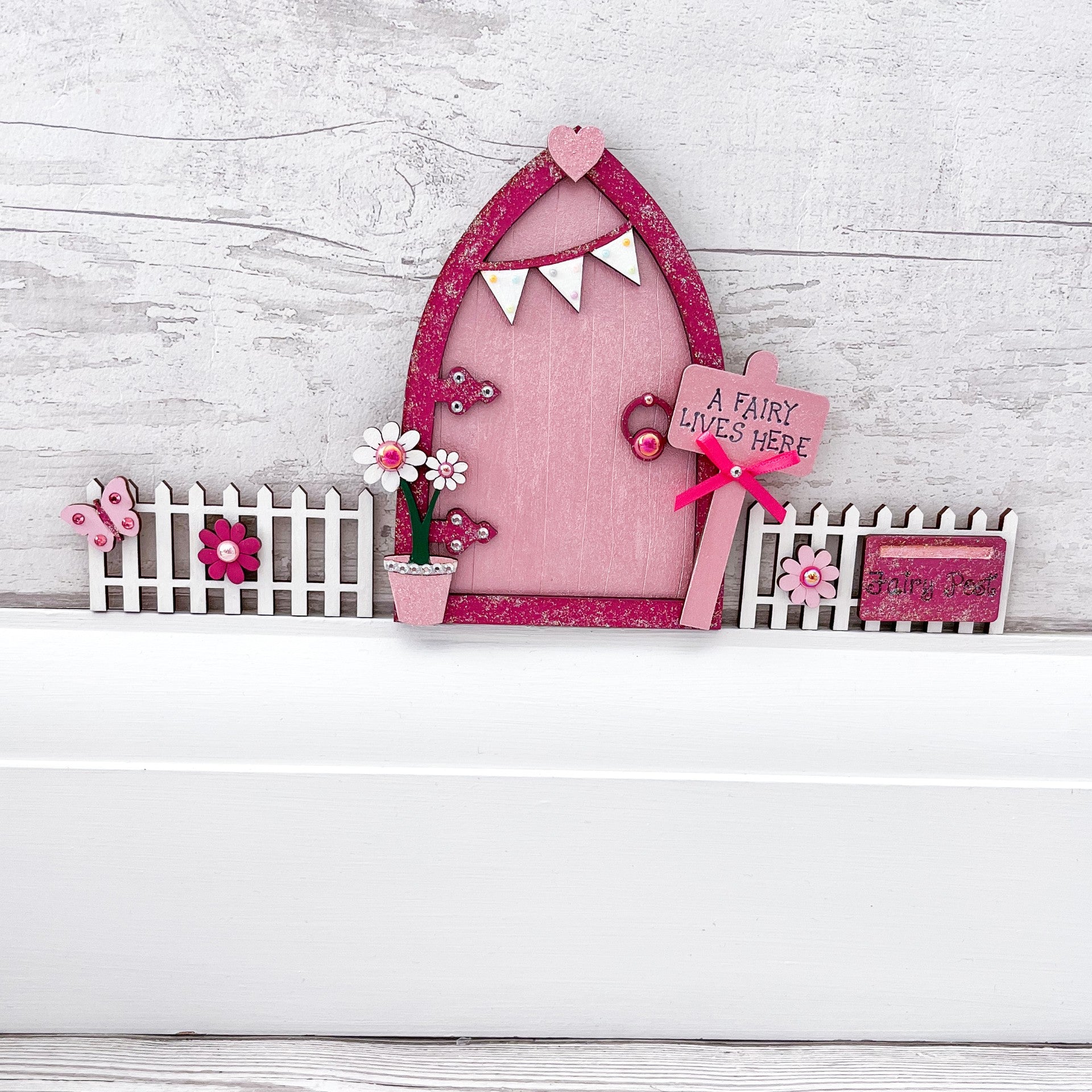 Magical Pink Bunting Fairy Door With Fencing Set - Sweet Pea Wooden Creations