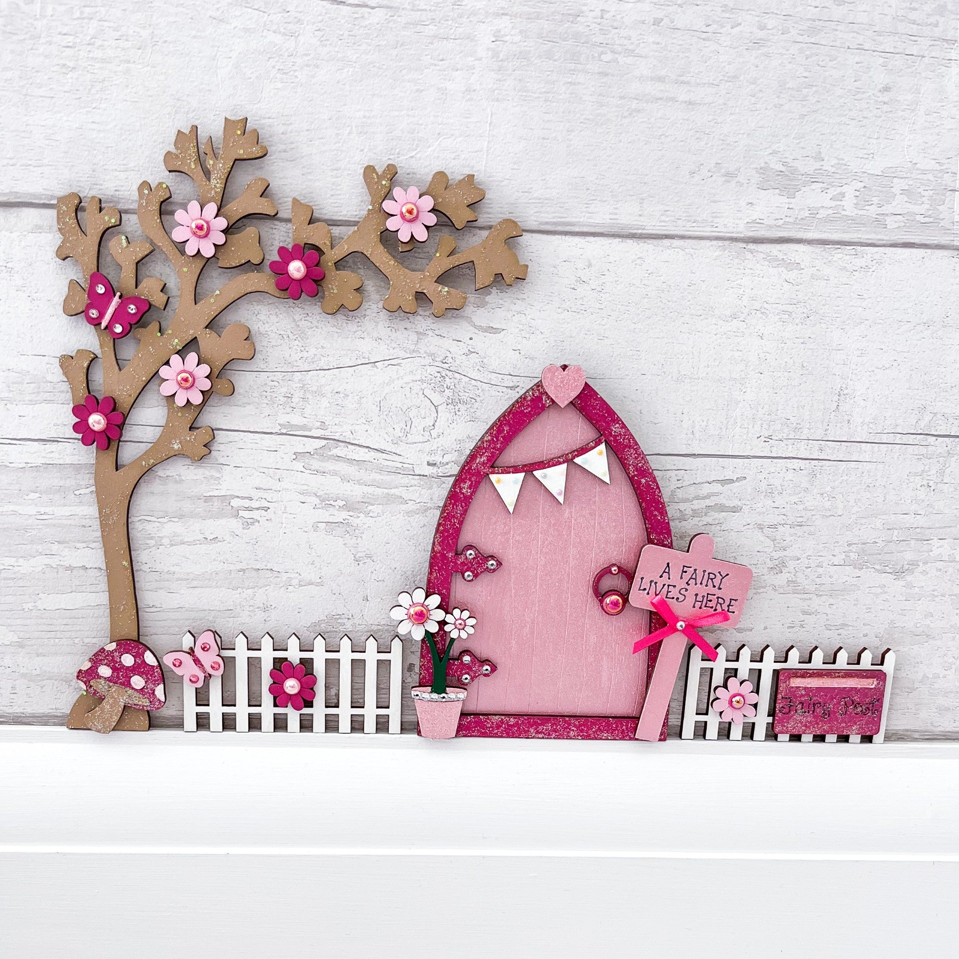 Magical Pink Bunting Wooden Fairy Door Set With Tree and Fencing - Sweet Pea Wooden Creations