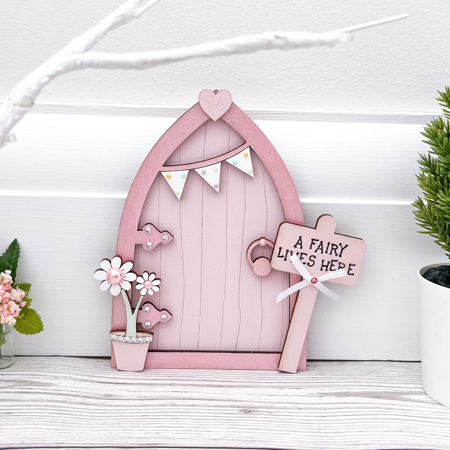 Magical Light Pink Bunting Fairy Door - Sweet Pea Wooden Creations