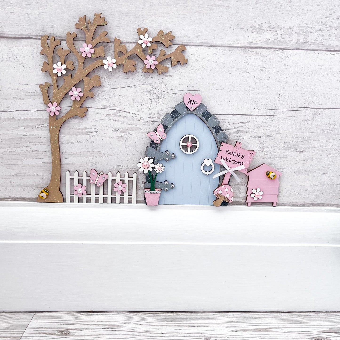Personalised Blue And Pink Wooden Fairy Door Set - Sweet Pea Wooden Creations