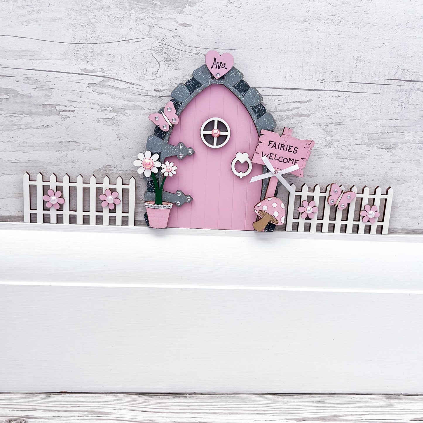 Personalised Candy Pink Fairy Door With Fencing - Sweet Pea Wooden Creations