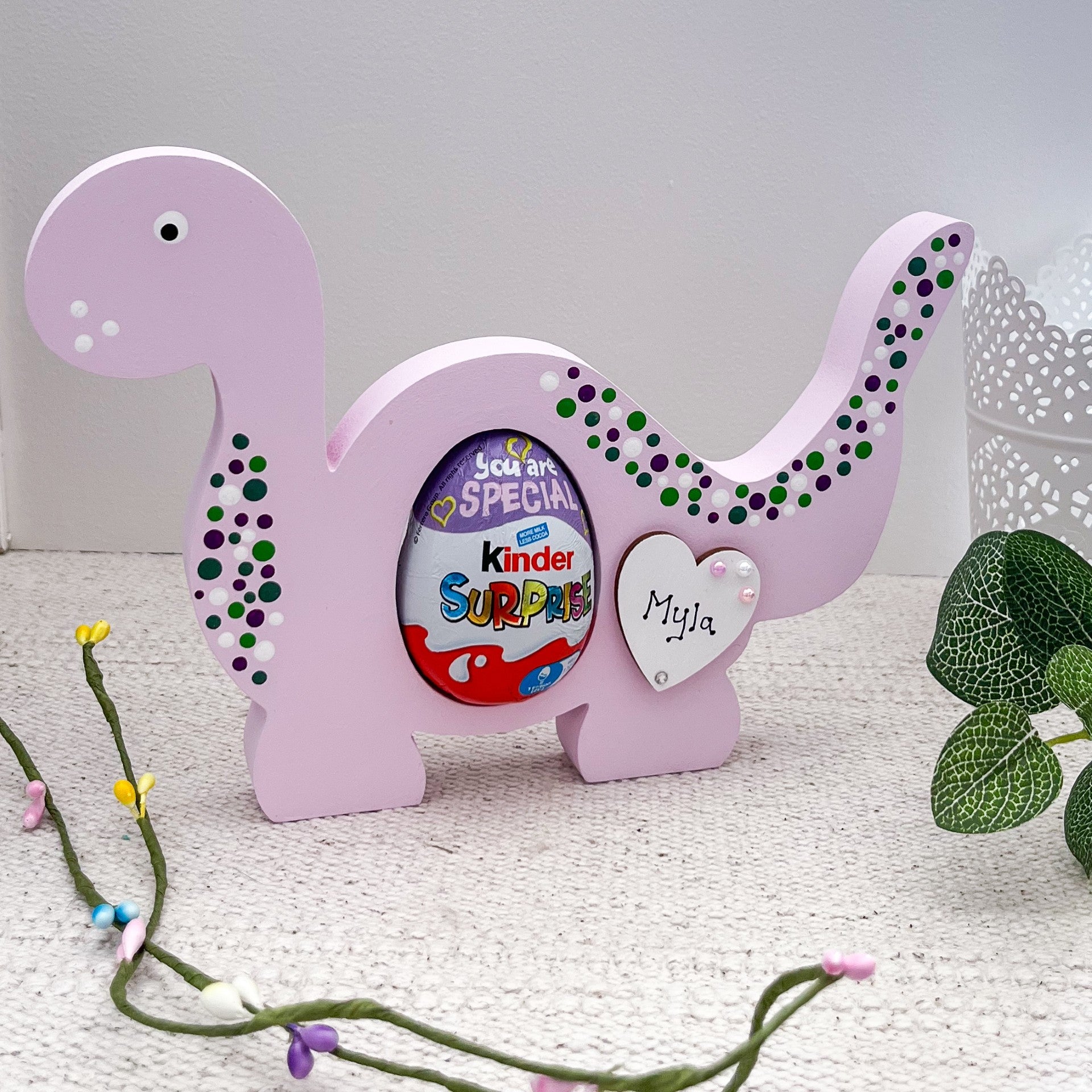 Personalised Easter Egg Holder, Lilac Dinosaur -Sweet Pea Wooden Creations