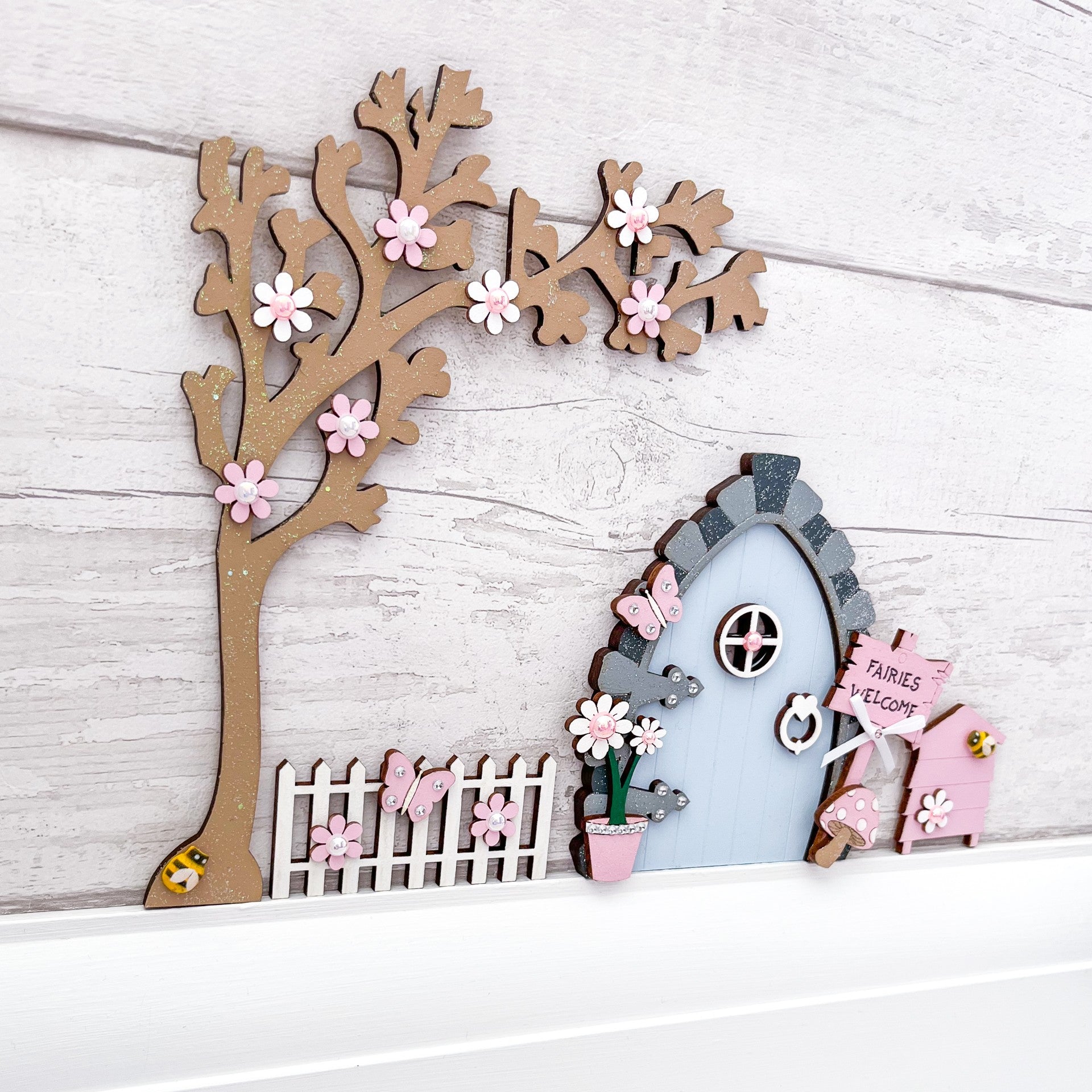Personalised Handcrafted Blue And Pink Wooden Fairy Door Set - Sweet Pea Wooden Creations