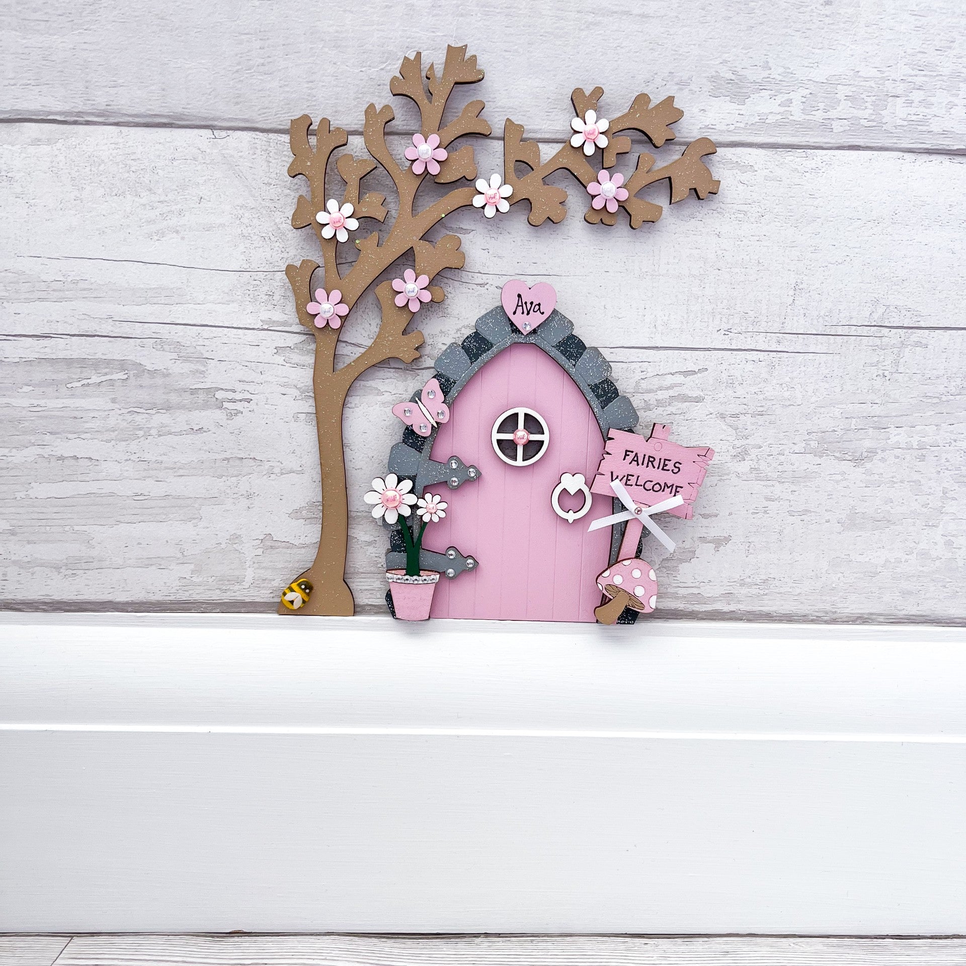Personalised Handcrafted Candy Pink Fairy Door With Tree - Sweet Pea Wooden Creations