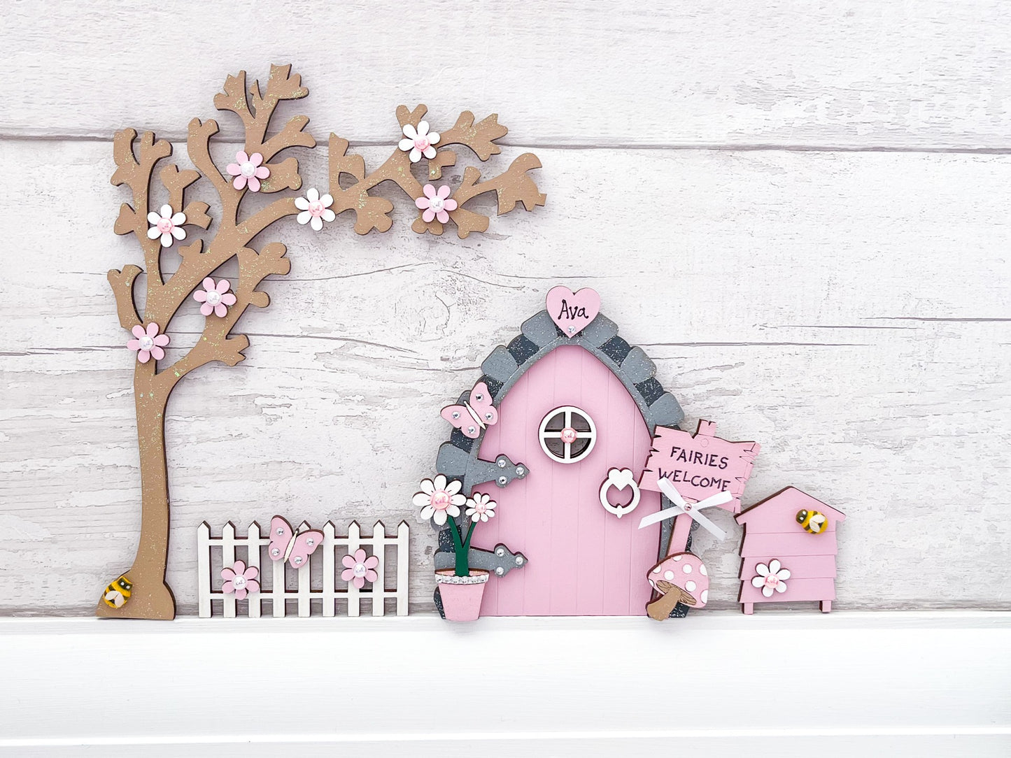 Personalised Handcrafted Candy Pink Wooden Fairy Door Set - Sweet Pea Wooden Creations