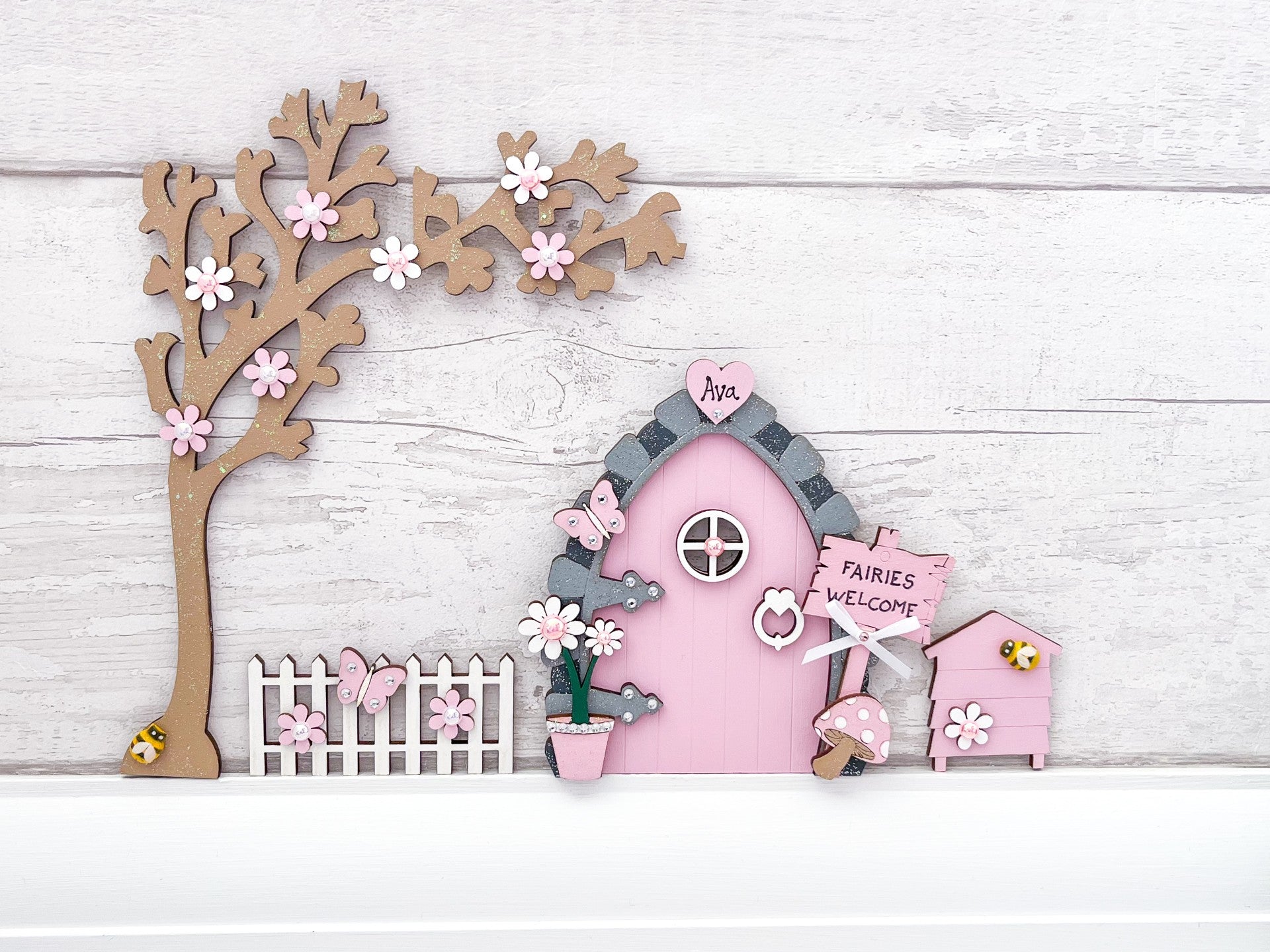 Personalised Handcrafted Candy Pink Wooden Fairy Door Set - Sweet Pea Wooden Creations